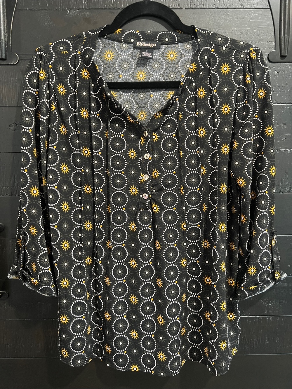 BYdesign Black Short-Sleeve Button Front Tee with Yellow Sunburst Print